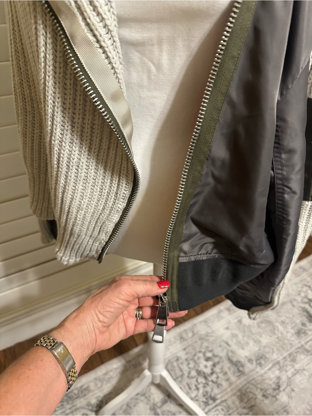 Dear John Light Gray Knit & Olive-Trim Bomber Jacket